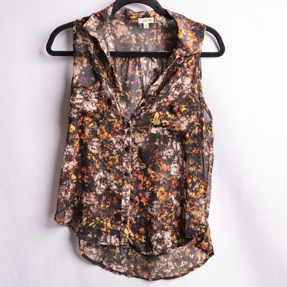 Lily White Camo Earthy Sheer Sleeveless Button Up Top USA Made Indie Sleeze M